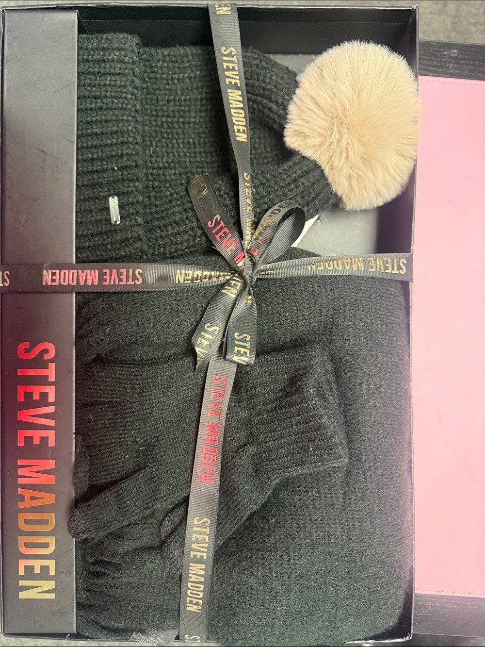 Steve Madden Black Knit Beanie and Glove Set with Beige Faux Fur Pom